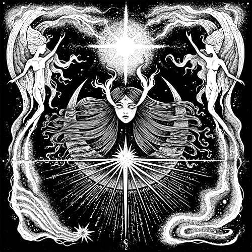 Black and white illustration of figures with celestial and horned motifs.