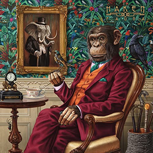 Anthropomorphic chimpanzee in suit with bird, ornate room, and elephant portrait.