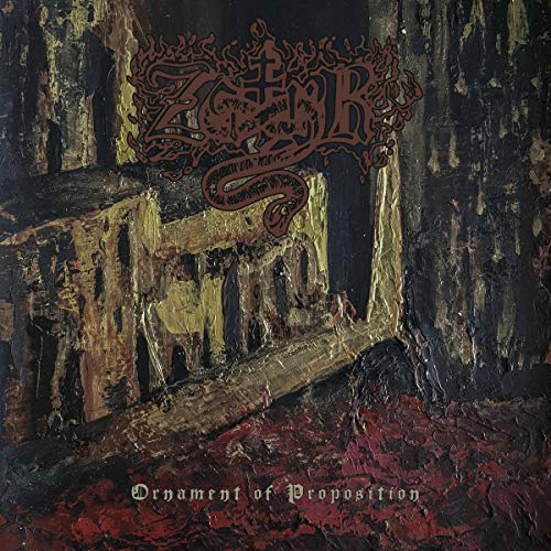 Dark, textured painting of a crumbling structure with band logo and title.
