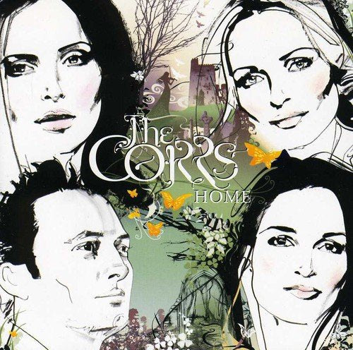 "Album cover with sketched faces of The Corrs and a green background."