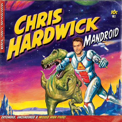 Album cover with cartoon man in silver suit fighting a green dinosaur in space.