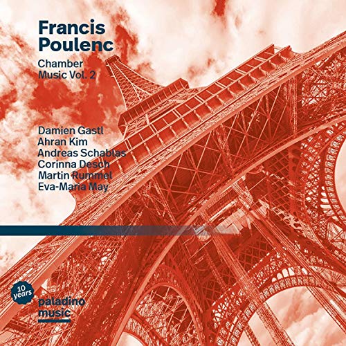 CD cover featuring a red-toned Eiffel Tower with text overlay listing performers and composer.