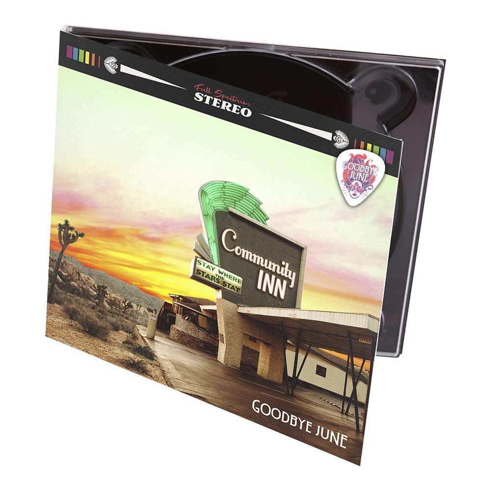 "Album cover featuring a retro motel sign with 'Community Inn' and desert landscape."