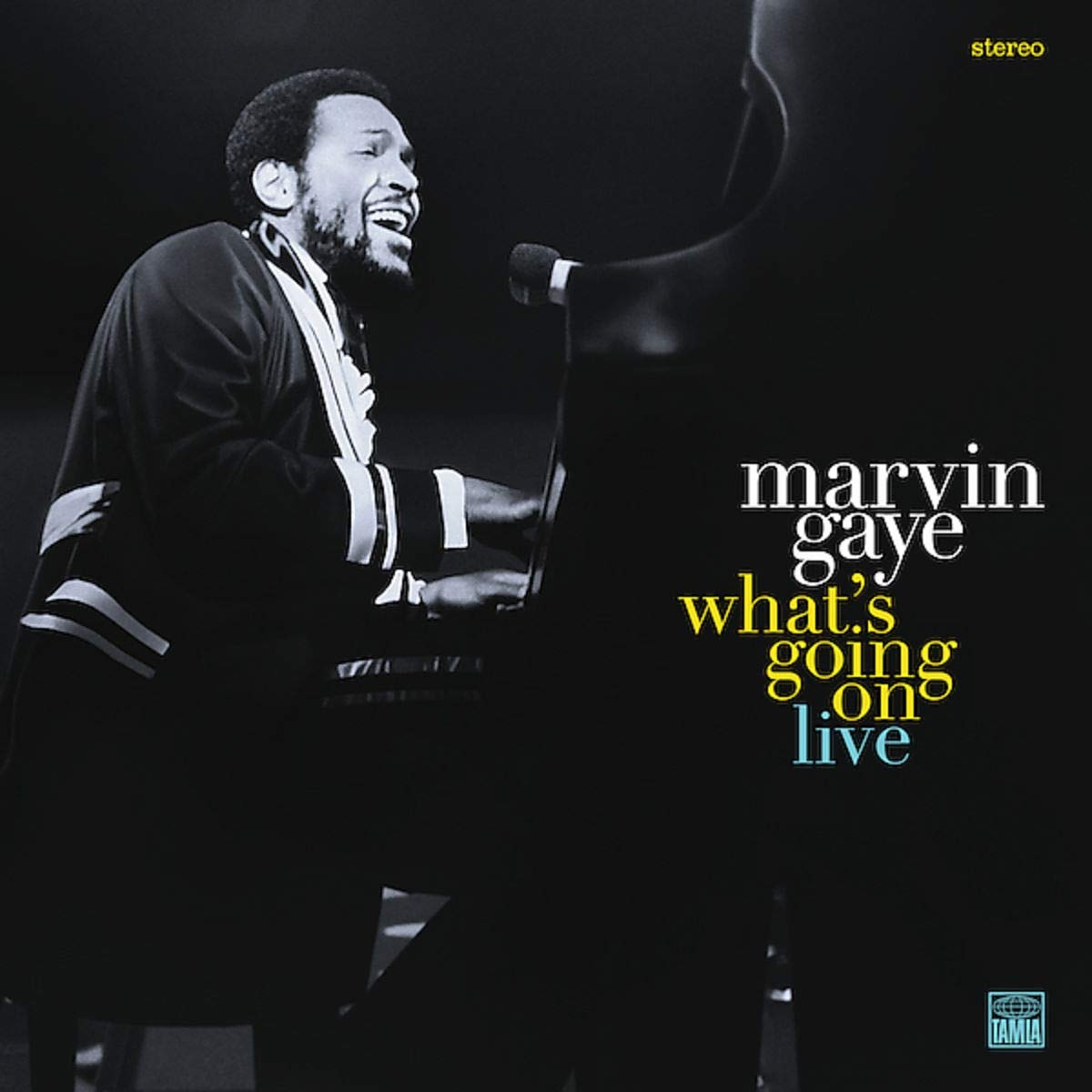 Album cover featuring Marvin Gaye playing piano, with title text "Marvin Gaye: What's Going On Live".