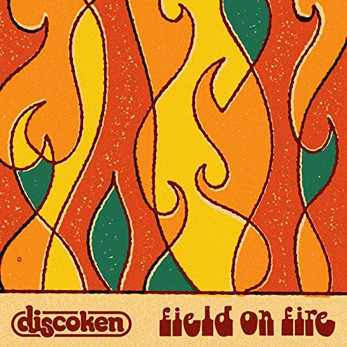 Vinyl record cover with orange and yellow flame-like patterns.