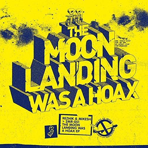 Yellow vinyl record cover with 3D text: "The Moon Landing Was A Hoax".