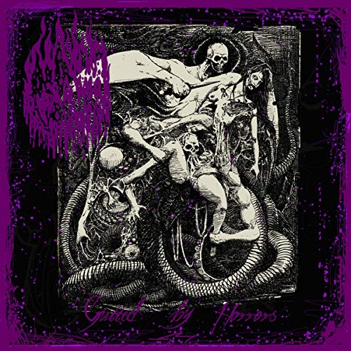Black and white sketch of figures with skeletal and monstrous forms.