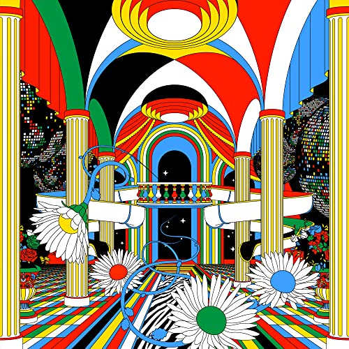 Colorful, symmetrical illustration of an arched hall with flowers and stars.