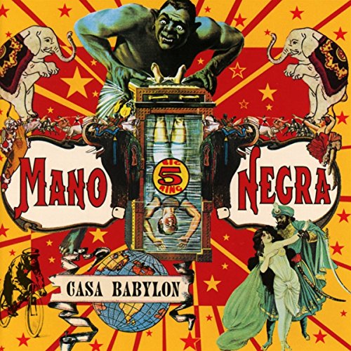 "Circus-themed album cover with cartoon figures and red and yellow background."