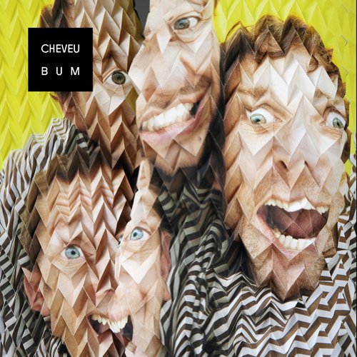 "Album cover with multiple 3D folded faces on a yellow background."