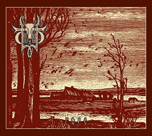 Dark, woodcut-style album cover depicting a bleak landscape with birds and a skull.