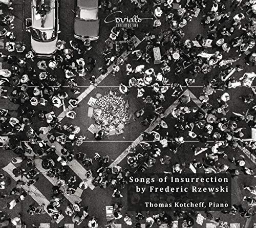 Black and white aerial view of a crowded protest, CD cover art.