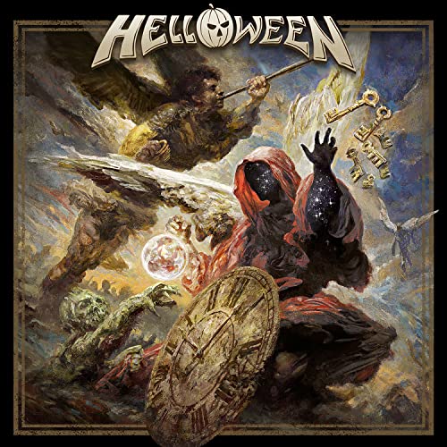 Helloween album cover featuring figures, a clock, and dramatic sky.