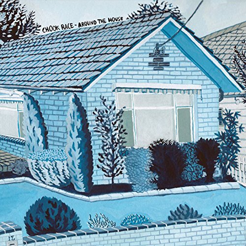 Blue-toned painting of a house with garden, CD title above roof.