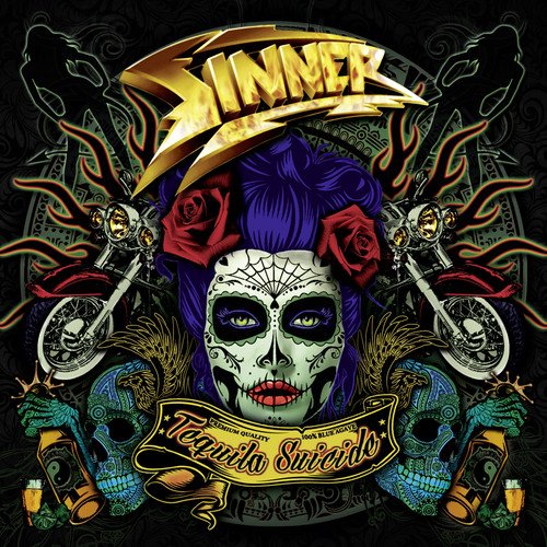 Album cover with a sugar skull woman surrounded by skulls and motorcycles on a black background.