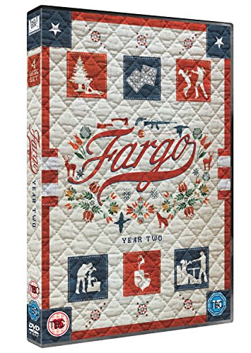 "Fargo Season 2 DVD box set with quilt pattern cover, red, white, and blue design."