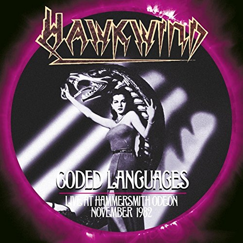 Hawkwind album cover with woman and dragon head, purple glow, black background.