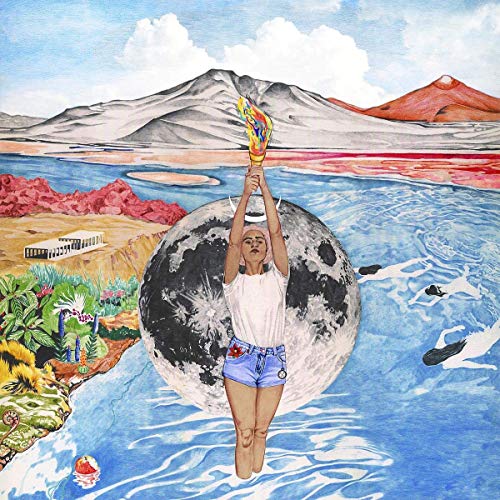 Woman holding a flame atop a moon, surreal landscape background.