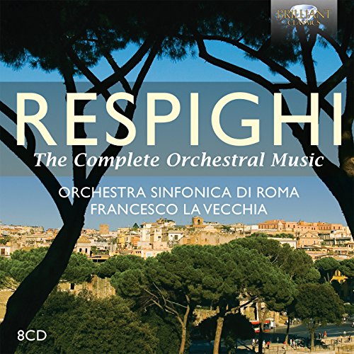 "CD cover with 'RESPIGHI' in large text, Italian cityscape, and tree silhouettes."
