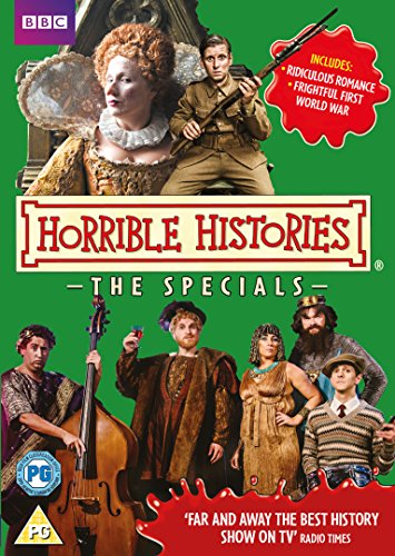 "DVD cover for 'Horrible Histories - The Specials' with historical characters on a green background."