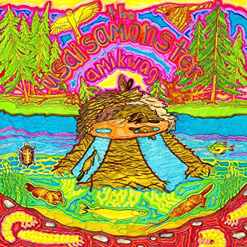 "Colorful illustration of a creature in water surrounded by fish and trees."