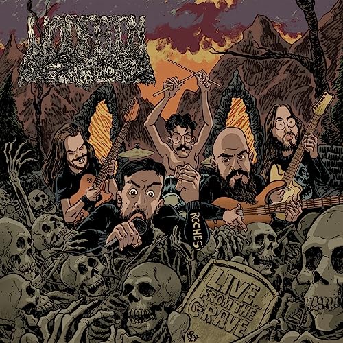 Cartoon band performing amongst skulls and a fiery, rocky landscape.