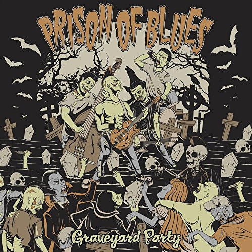 Cartoon undead musicians playing instruments in a spooky graveyard scene.