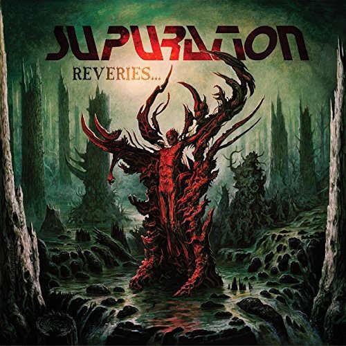 Album cover art with a red, twisted figure in a dark, eerie forest landscape.