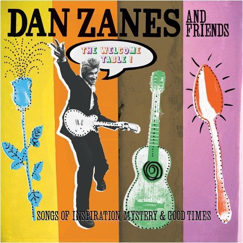 "Album cover with colorful stripes, a man playing guitar, and decorative illustrations."