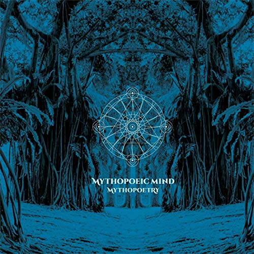 Blue album cover with geometric design and tangled forest imagery.