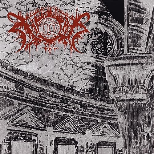 Black and white album cover with red, ornate band logo and gothic architecture.