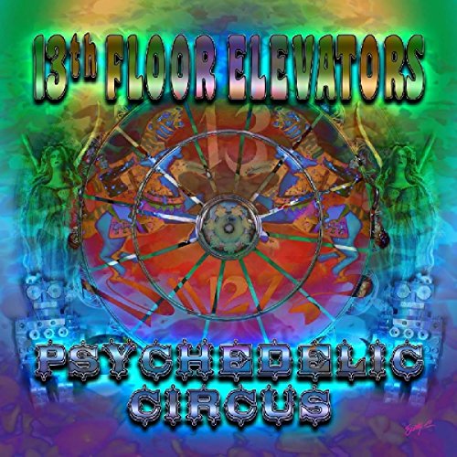 "Album cover with '13th Floor Elevators' and 'Psychedelic Circus' text, colorful, abstract background, and wheel."