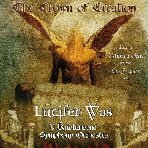 CD cover: Fallen angel with wings, orchestral musicians, golden and purple tones.