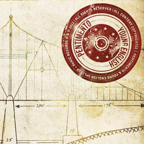 CD cover with red circular design over blueprint-style background.