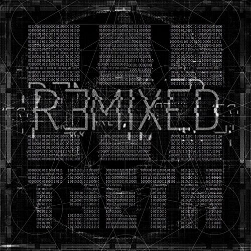 "Album cover with '3TEETH REMIXED' in white, pixelated text on a black binary code background."