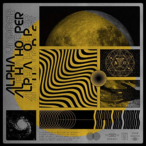 Vinyl record cover with abstract yellow and black geometric designs and galaxies.