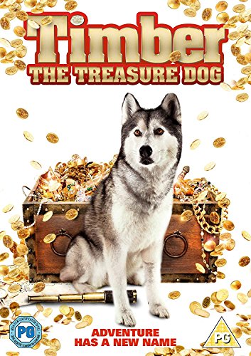 Husky dog sits beside an overflowing treasure chest of gold coins.