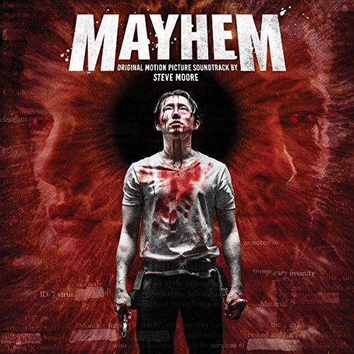 "Vinyl soundtrack cover for 'Mayhem' by Steve Moore, featuring a man covered in blood."