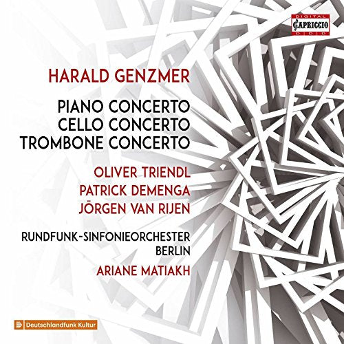 "Album cover with white and gray abstract shapes and red and black text."