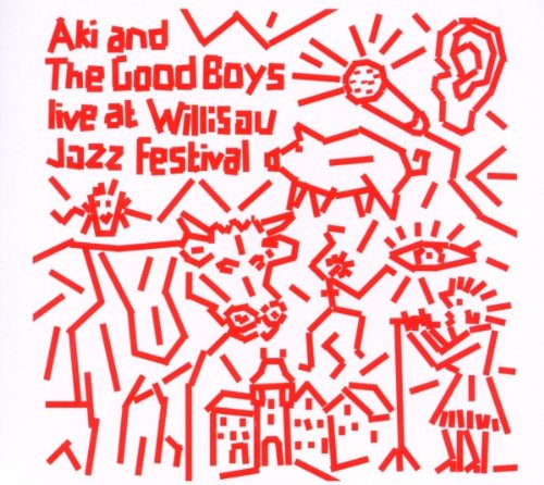 Red abstract line art on a white background, depicting a jazz festival scene.