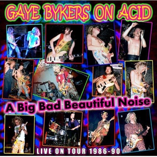 "CD cover with collage of band photos and neon text on purple background."