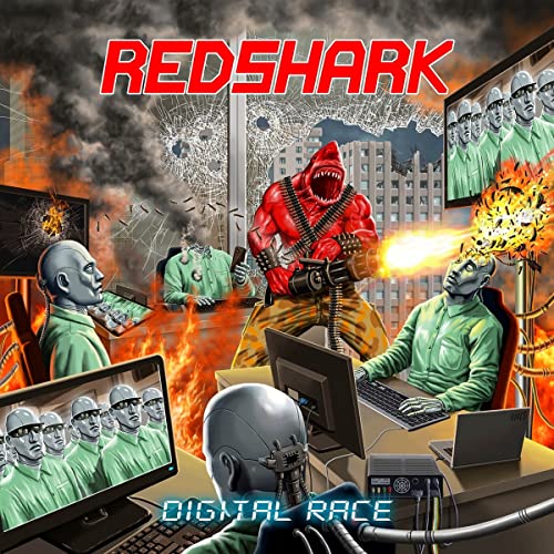 Redshark album cover: robotic figure with guitar amid chaos and screens.