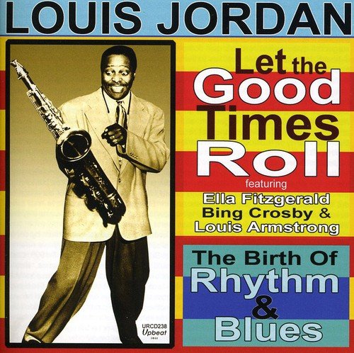 Louis Jordan album cover with man holding saxophone against striped background.