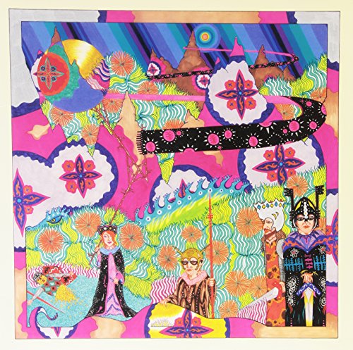 Psychedelic album cover with colorful figures, floral patterns, and abstract shapes.