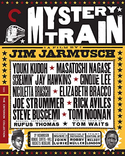 Blu-ray cover for Mystery Train featuring bold text, star motifs, and cast names.