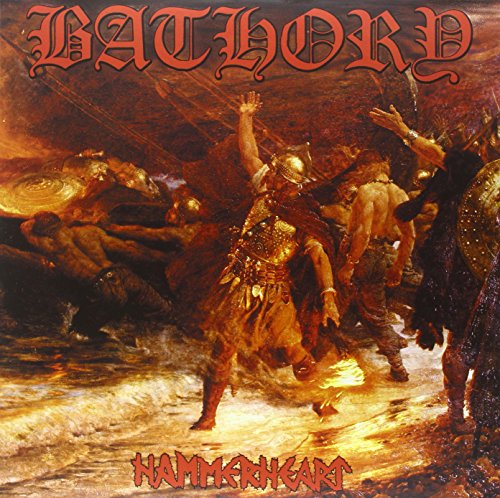 Album cover for Bathory’s “Hammerheart” featuring Viking warriors in battle.