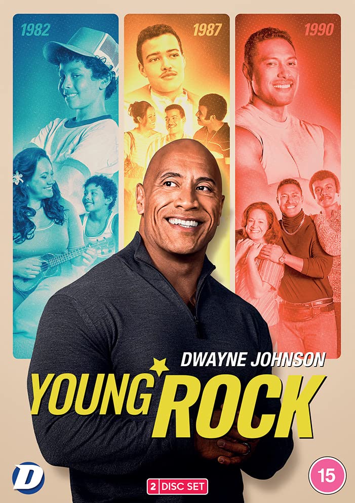 Young Rock" DVD cover featuring Dwayne Johnson and younger versions of himself.