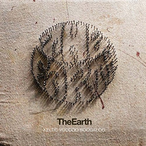 A beige fabric background with a sewn leaf and "The Earth" text overlay.