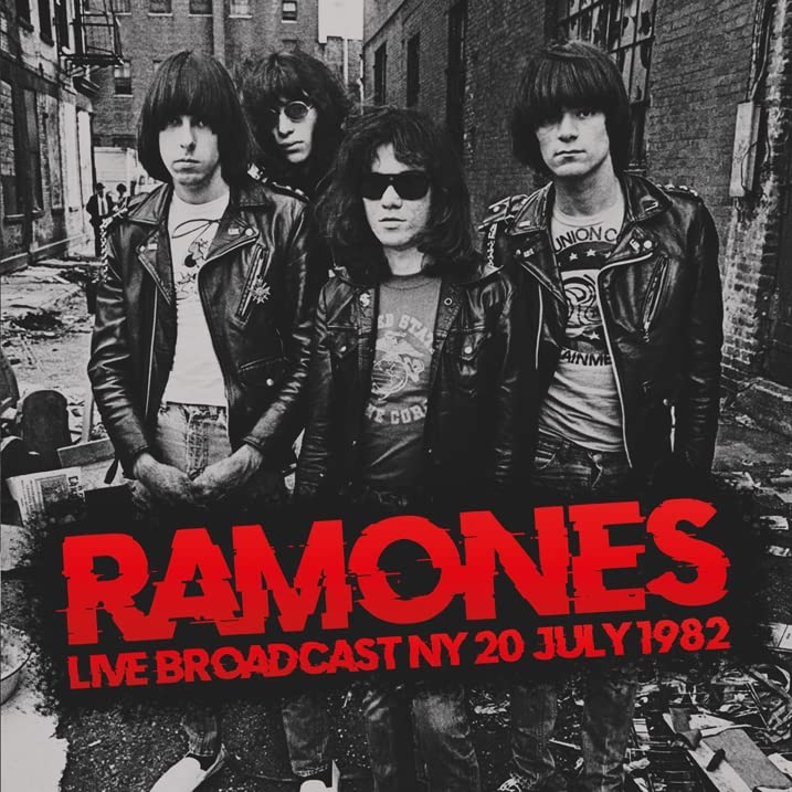 Black and white photo of the Ramones band members in leather jackets.