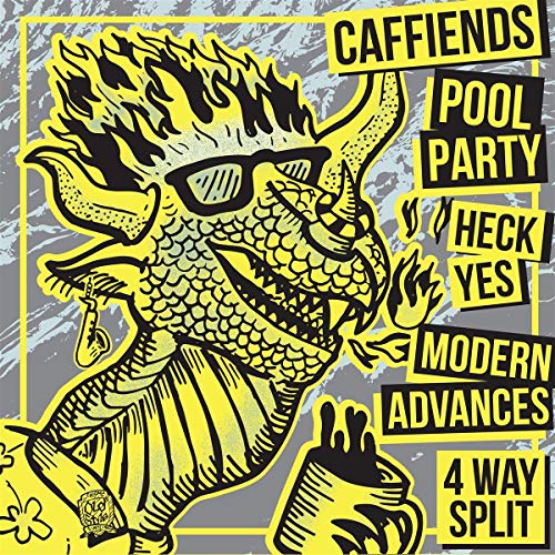 Yellow dragon with sunglasses on a gray and white patterned record cover.
